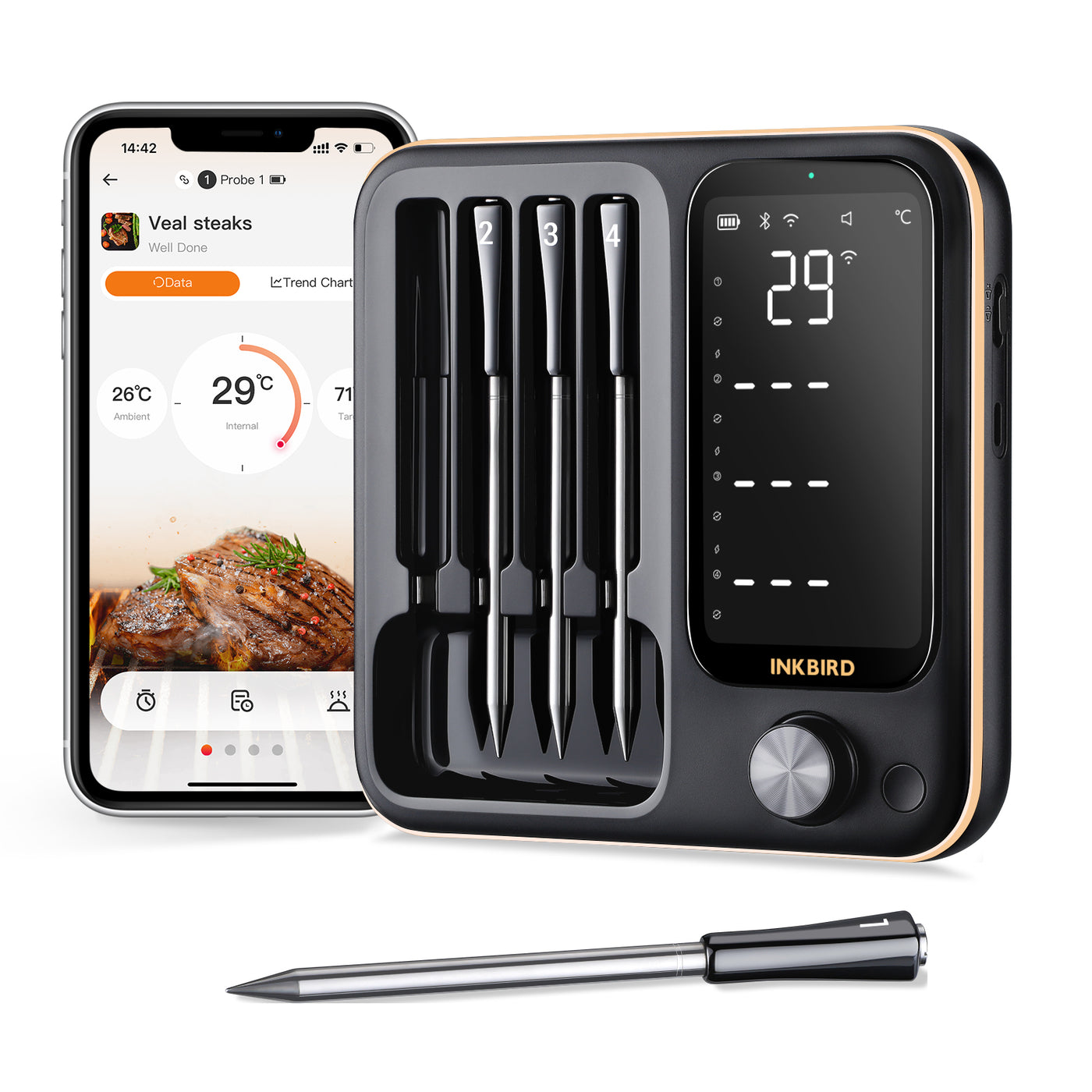Thermomètre à viande sans fil, connectivité WiFi et Bluetooth, étanchéité IP67, INT-12-BW - Maison Thermomètre à viande sans fil, connectivité WiFi et Bluetooth, étanchéité IP67, INT-12-BW - Maison