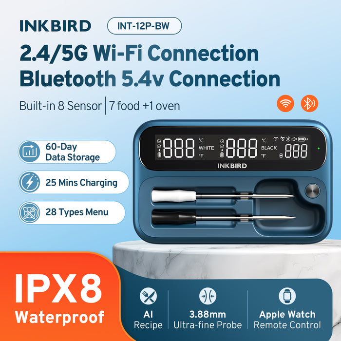 INKBIRD 5G WiFi Bluetooth Meat Thermometer INT-12P-BW 3.8mm Extra Thin Dual Probe