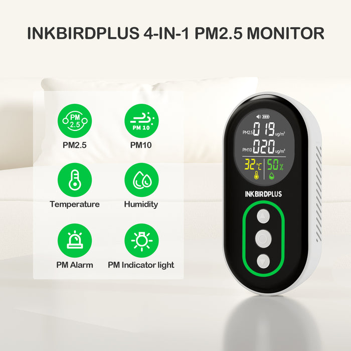 INKBIRDPLUS Indoor Air Quality Monitor PM2.5 PM10 Temperature Humidity Detector with Sound and Light Dual Alert,