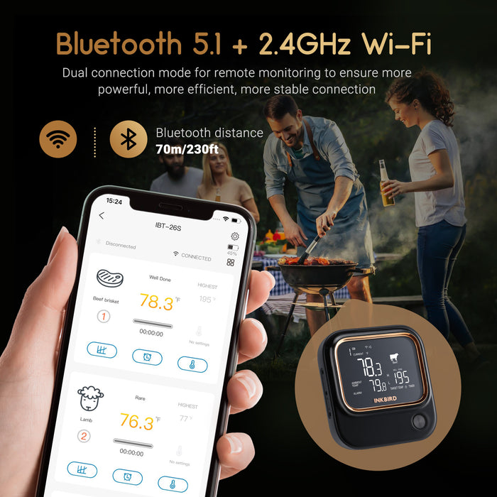INKBIRD IBT-26S Bluetooth Wi-Fi BBQ Thermometer 4 Probe 2.4G