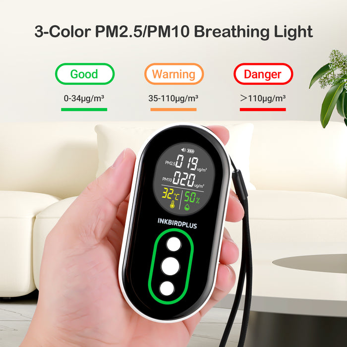 INKBIRDPLUS Indoor Air Quality Monitor PM2.5 PM10 Temperature Humidity Detector with Sound and Light Dual Alert,